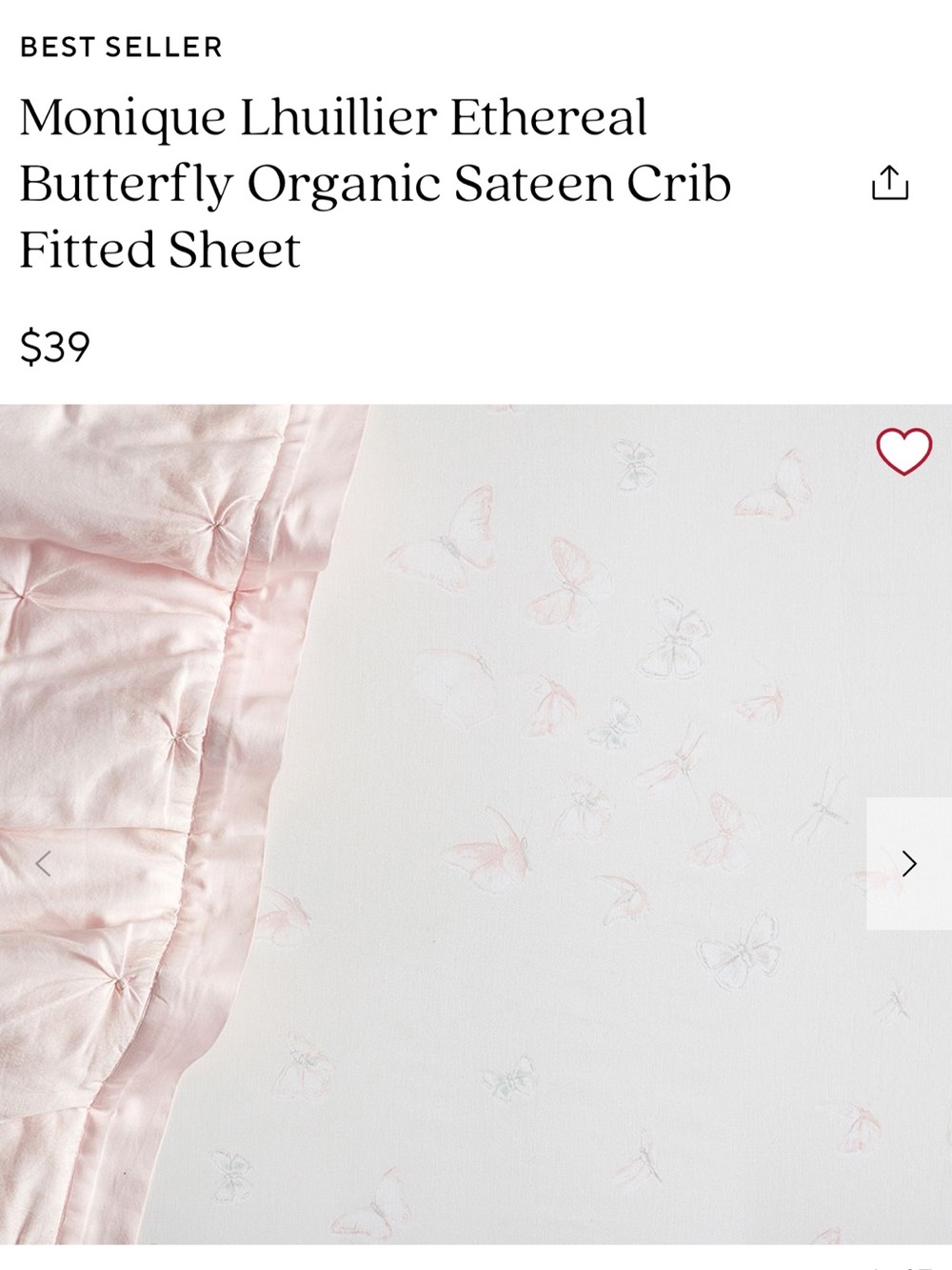 Monique Lhuillier Pale Pink Butterfly Organic Sateen Crib Sheet